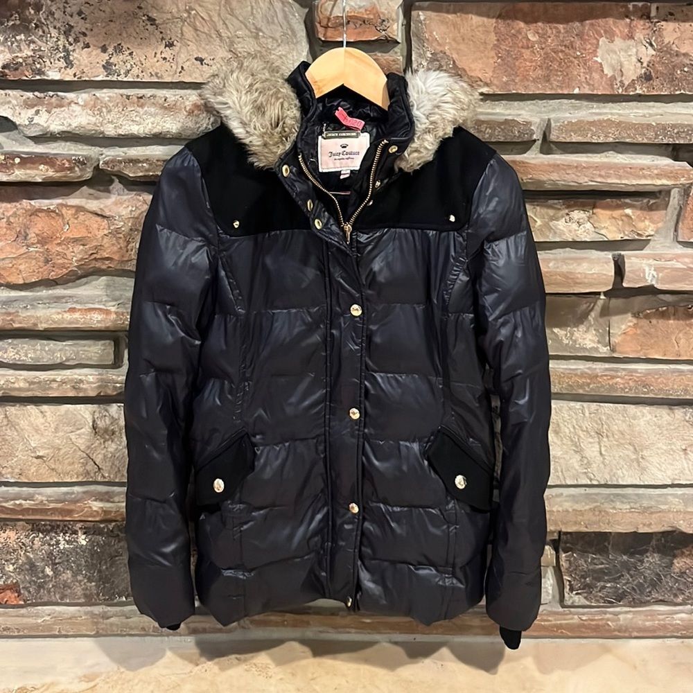 Juicy Couture Faux Fur Trim Hooded Black Shiny Down Puffer Jacket